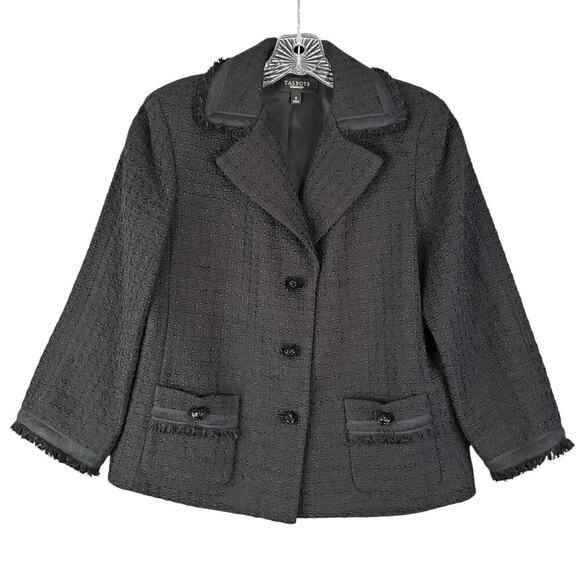 Talbots Blazer Jacket Women’s Size 8 Tweed Black Fringe Lined Cotton Crystal - Picture 2 of 8